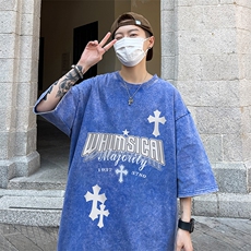 B239-1133-P38美式十字架字母印花复古水洗做旧落肩袖短袖T恤，男装T恤，星座514-2(原B239)