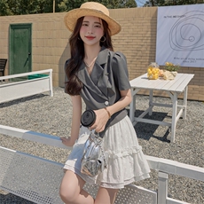 BAO西装套装女夏款2025新款气质轻熟风收腰显瘦v领蓬蓬裙两件套，女装套装/套裙，美拉德工厂直营店