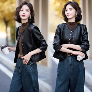 黑色小皮衣外套女2025秋季新款短款pu皮夹克圆领休闲单排扣上衣女图片