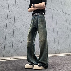 山小川潮牌破洞牛仔裤男美式高街设计感小众做旧水洗宽松直筒长裤，男装牛仔裤，四季星座505