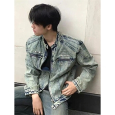 美式高街短款牛仔外套男春秋款拉链设计感垫肩牛仔衣vintage夹克，男装夹克，星座506A