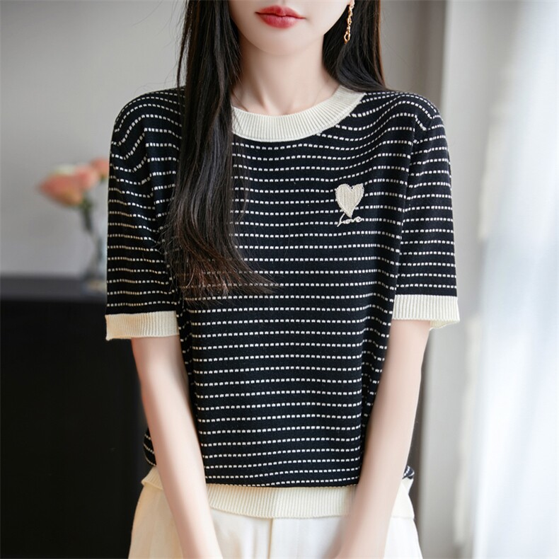 2025春季新款宽松休闲圆领短袖t恤女精仿夏季薄款刺绣针织衫上衣,针织衫/毛衣,九嘉羊绒