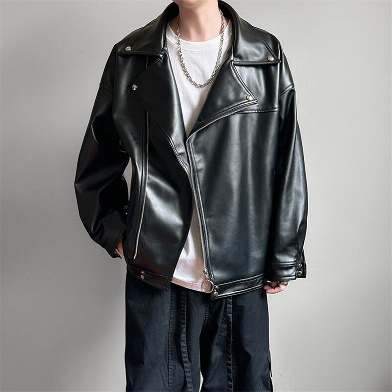 现货-春装皮衣外套男翻领休闲皮夹克潮牌PU机车服A506P90加绒100,男装夹克,电商A351