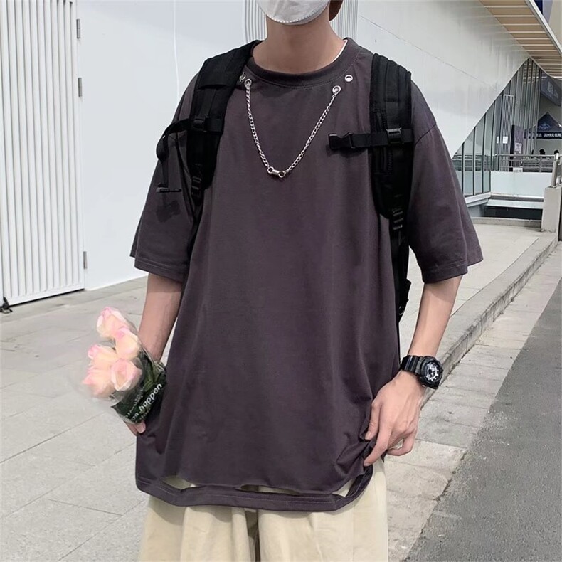 春季ins标准时尚潮牌圆领T恤原宿简约慵懒男潮流五分袖 T1495-P28图片