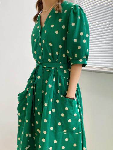 波点连衣裙，高品质亚麻，女装连衣裙，LUCY