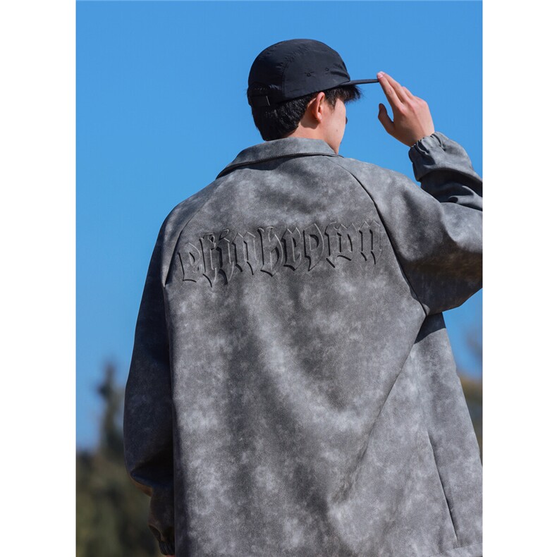 港风立领PU皮复古做旧面料钢印字母设计夹克男JK77755P95控128，男装夹克，星座227-7