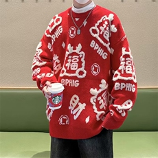 新年红色圆领针织衫毛衣男秋季潮牌宽松情侣百搭休闲线衣M5674，男装针织衫/毛衣，星座1116A-1（原606A）