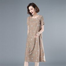 2021年夏季通勤韩版短袖套头A字裙40-49周岁圆领印花裙子，女装连衣裙，伊满意