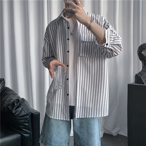 C2037/P35现货夏季条纹工装短袖衬衣男士宽松衬衫五分袖潮大码男图片