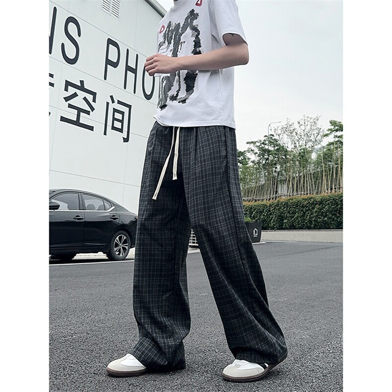 XK468-P35灰色格子裤男夏季薄款慵懒松弛感美式休闲阔腿直筒裤,男装休闲裤,电商A178