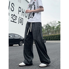 XK468-P35灰色格子裤男夏季薄款慵懒松弛感美式休闲阔腿直筒裤，男装休闲裤，电商A178