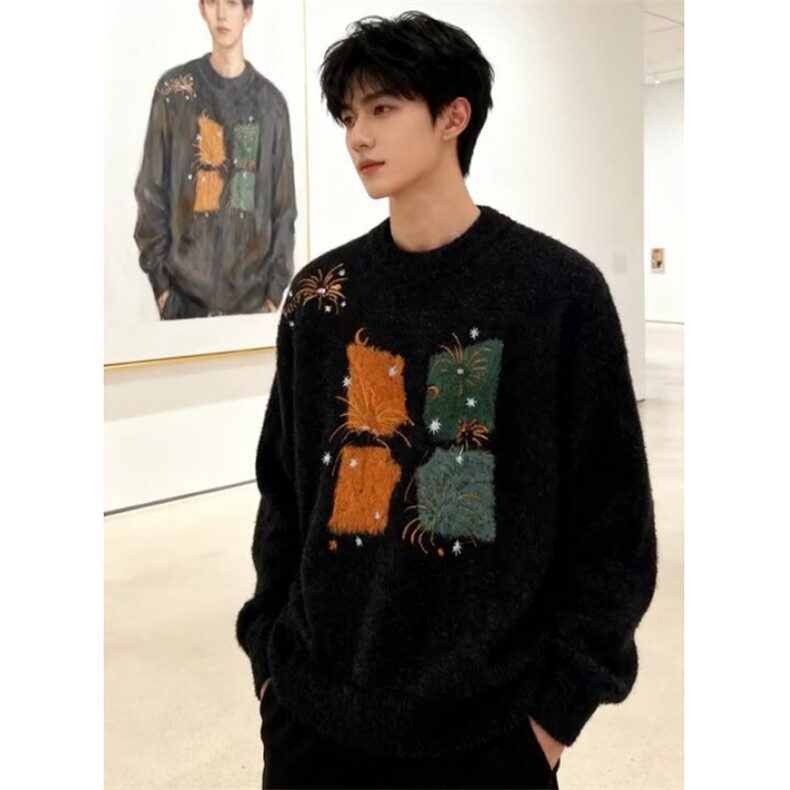 潮流复古毛衣女秋冬款重工刺绣加厚慵懒风宽松外套文艺M472，男装针织衫/毛衣，星座1116A（原606A-3）