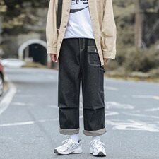 2021春秋季新港风大码男日系工装多口袋大裤脚阔腿牛仔裤N8026-P50，男装牛仔裤，电商A001