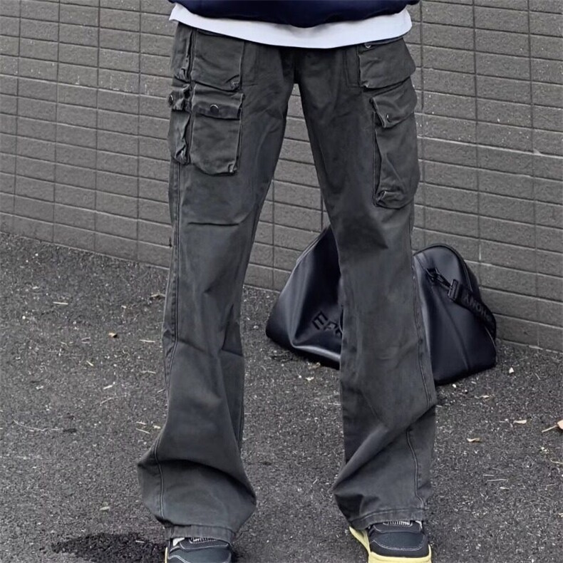 美式复古多口袋工装休闲裤设计感直筒宽松显瘦高街潮牌百搭长裤潮图片