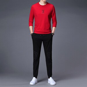 2023新款圆领卫衣秋季男士休闲套装印花运动跑步服潮流搭配男套装图片
