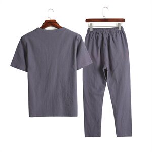 DY19* 夏季中老年棉麻短袖V领T恤套装长裤两件套装男 灰蓝 *P55图片