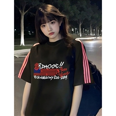 抖音得物品质二开240克宽松纯棉美式潮牌印花三条杠中性风短袖T恤，男装T恤，电商A486-1