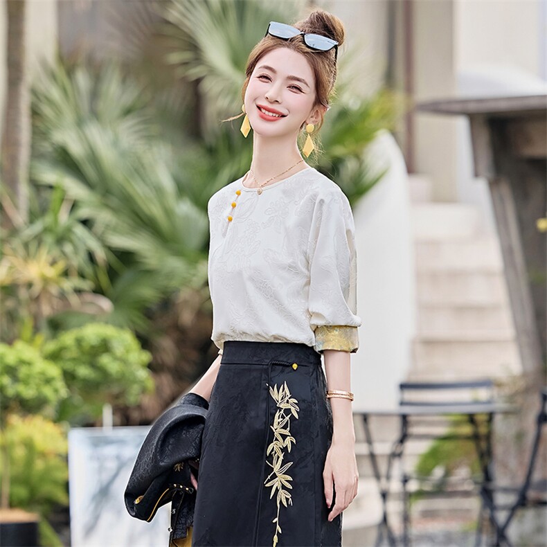 芷墨春季新款新中式简约通勤百搭显瘦上衣拼接透气纯色上衣女,女装衬衫,芷墨服饰