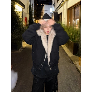 现货高品质美式高街冬季重磅硬挺短款座山雕毛领棉衣男女加厚外套图片