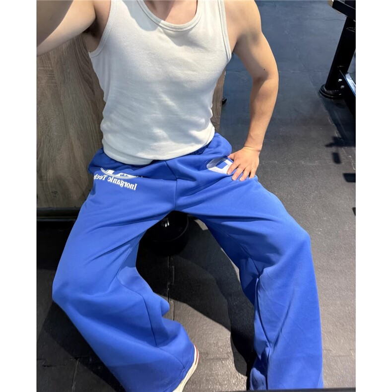 美式刺绣蓝色健身裤子男秋冬训练运动厚棉裤cleanfit直筒阔腿弯刀,男装棉裤,星座1210-1