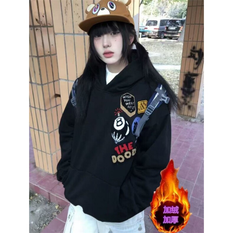 潮美式复古植绒刺绣连帽卫衣男女春秋外套宽松百搭街头帽衫上衣，女装短外套，四季星座505