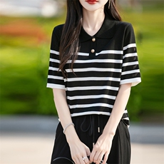 翻领条纹短袖t恤女夏季2025新款打底衫洋气女装冰丝针织上衣，女装T恤，思牵羊绒
