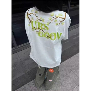 美式复古山茶花语刺绣t恤男女款夏季潮牌高街黑色潮半袖女 TX04图片