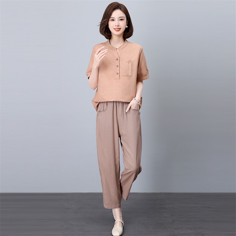 棉麻套装女2025新款夏装搭配一整套时尚微胖穿搭妈妈小个子两件套,女装套装/套裙,悦见她