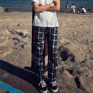 黑白格子裤男款秋季男生穿搭慵懒格纹裤子休闲阔腿直筒裤XA608,男生一米七八的穿搭图片