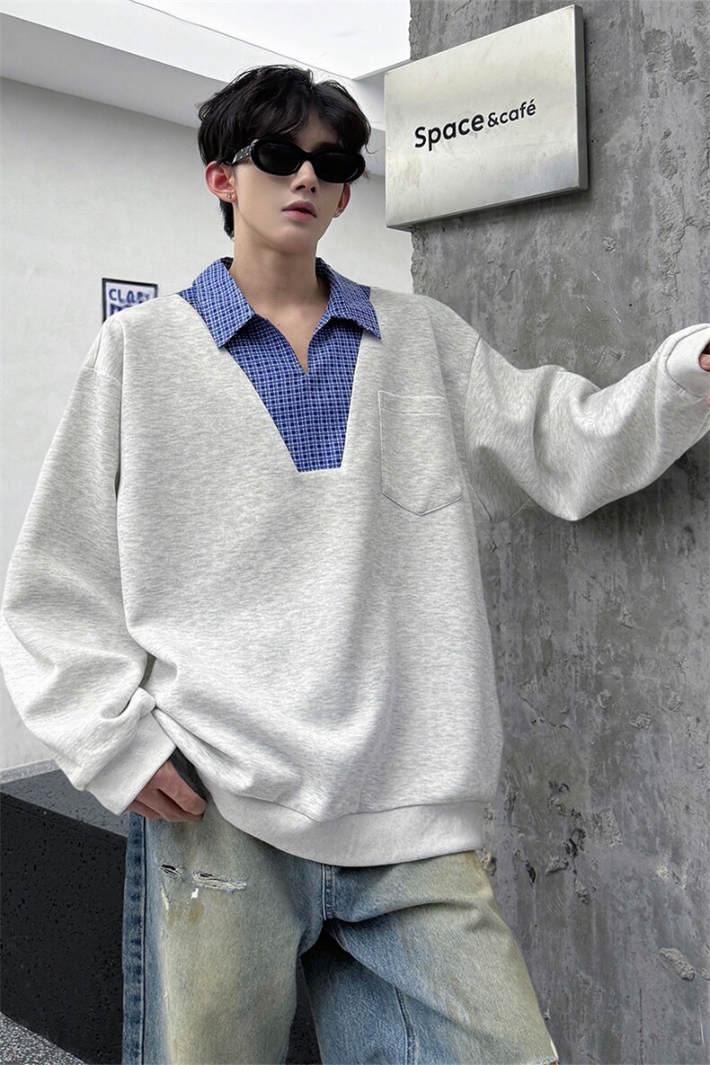 WY10153-特P48控88小众撞色面料拼接格子假两件大码男宽松卫衣,男装卫衣,电商A059