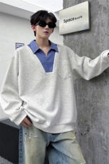 WY10153-特P48控88小众撞色面料拼接格子假两件大码男宽松卫衣，男装卫衣，电商A059