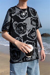 港风小熊印花短袖T恤男大码宽松百搭潮流短袖T恤T129P35控49,男装T恤,电商A089-1