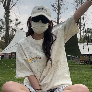 雪花染刺绣冰感短袖T恤男夏季美式潮牌cleanfit宽松情侣半袖体恤图片