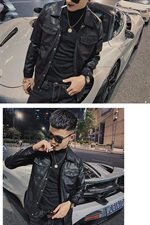 社会小伙韩版休闲修身机车服翻领痞帅水洗皮衣夹克D811-P118控148，男装皮衣，星座308A