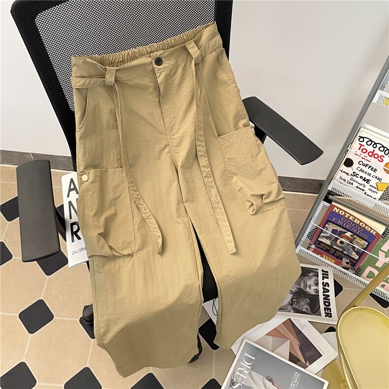 港风秋款男休闲裤工装大口袋塔丝隆褶皱宽松直筒长裤h0028 P45图片