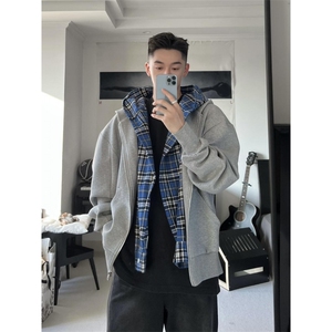 【有货】假两件格子拼接卫衣男款设计感连帽开衫外套JL97HH-特P68