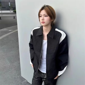 高级感撞色拼接褶皱夹克港风chic轻奢休闲飞行外套男生JKS06图片