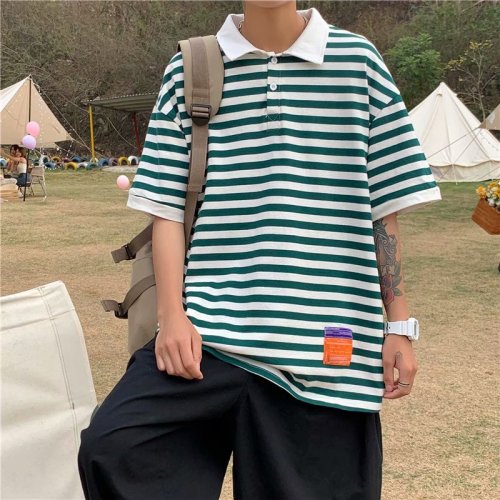 2021夏季新款POLO衫男港风潮流条纹t恤短袖痞子帅气上衣W389-P32,男装Polo衫,星座412-2