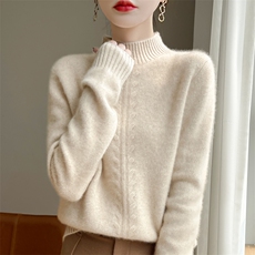 秋冬季半高领加厚针织毛衣女宽松纯色百搭100%纯羊毛时尚打底上衣，女装羊毛衫，郡淞羊绒