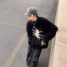 884-P572025美式街头蜘蛛提花圆领毛衣男女秋冬慵懒时尚情侣，男装针织衫/毛衣，电商B323A