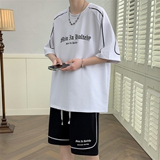 新款夏季短袖t恤套装冰丝透气港风宽松运动青少年男装DF328P48，男装休闲套装，电商A086