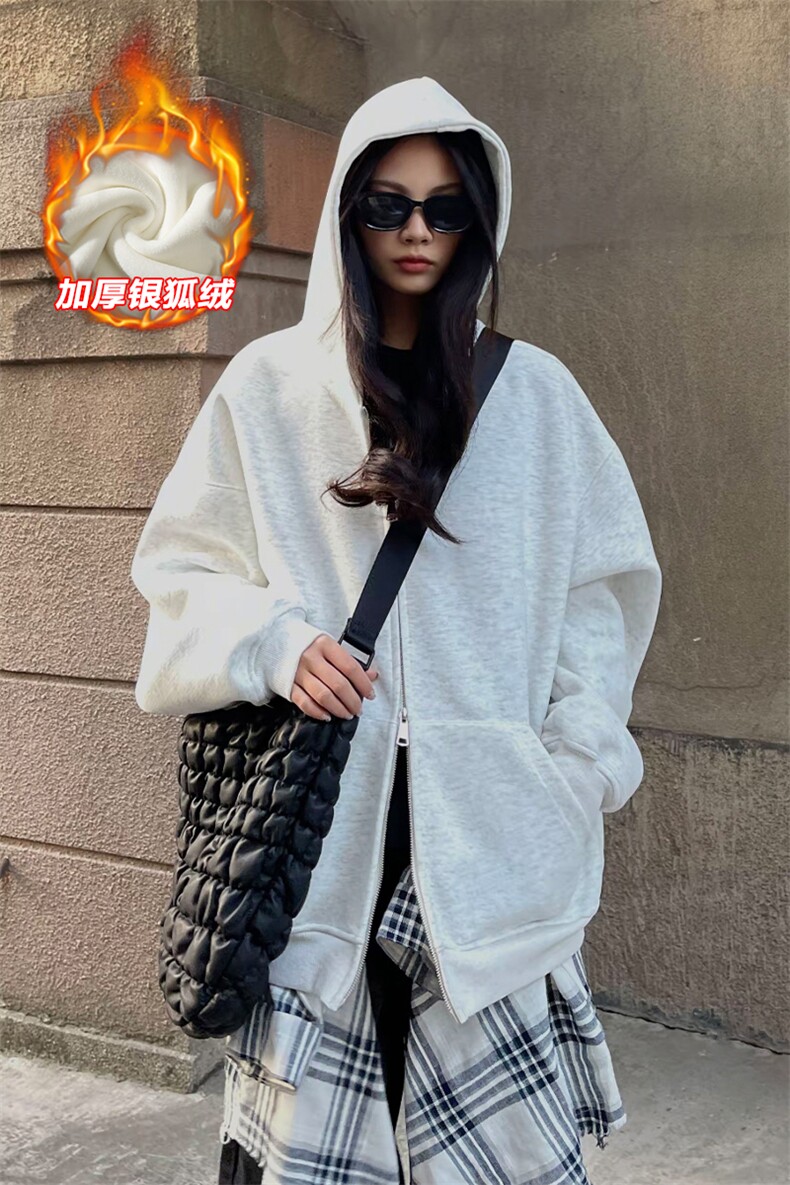 网图480g重磅保暖银狐绒双拉链连帽卫衣外套男W24581J加绒-特P40,男装棉衣,电商A001-1
