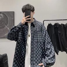 棋盘格子衬衫男高级感炸街外套计感复古衬衣男装LS2210P35，男装衬衫，星座1013-5