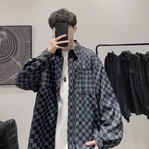 棋盘格子衬衫男高级感炸街外套计感复古衬衣男装LS2210 P35图片