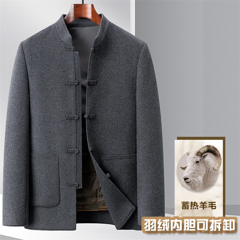 高端羊毛双面呢羽绒服唐装大衣男中年秋冬风双面呢羽绒服外套,男装羽绒服,钱塘723