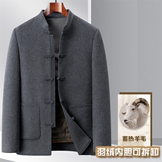 高端羊毛双面呢羽绒服唐装大衣男中年秋冬风双面呢羽绒服外套，男装羽绒服，钱塘723