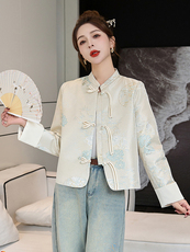新中式国风外套女春秋2025新款高端洋气时尚刺绣缎面盘扣立领上衣，女装短外套，伊仟回