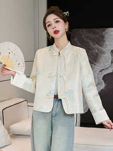 新中式国风外套女春秋2025新款高端洋气时尚刺绣缎面盘扣立领上衣图片