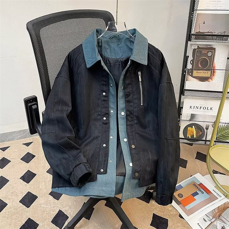 牛仔拼接假两件翻领外套男春秋新款潮流衬衫领夹克上衣GA287 P104图片