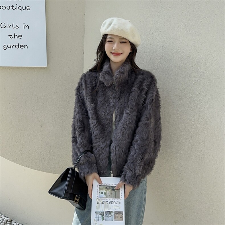 环保皮草小个子短款羊羔毛立领外套女2025秋冬加厚新款皮毛一体,女装短外套,2C229